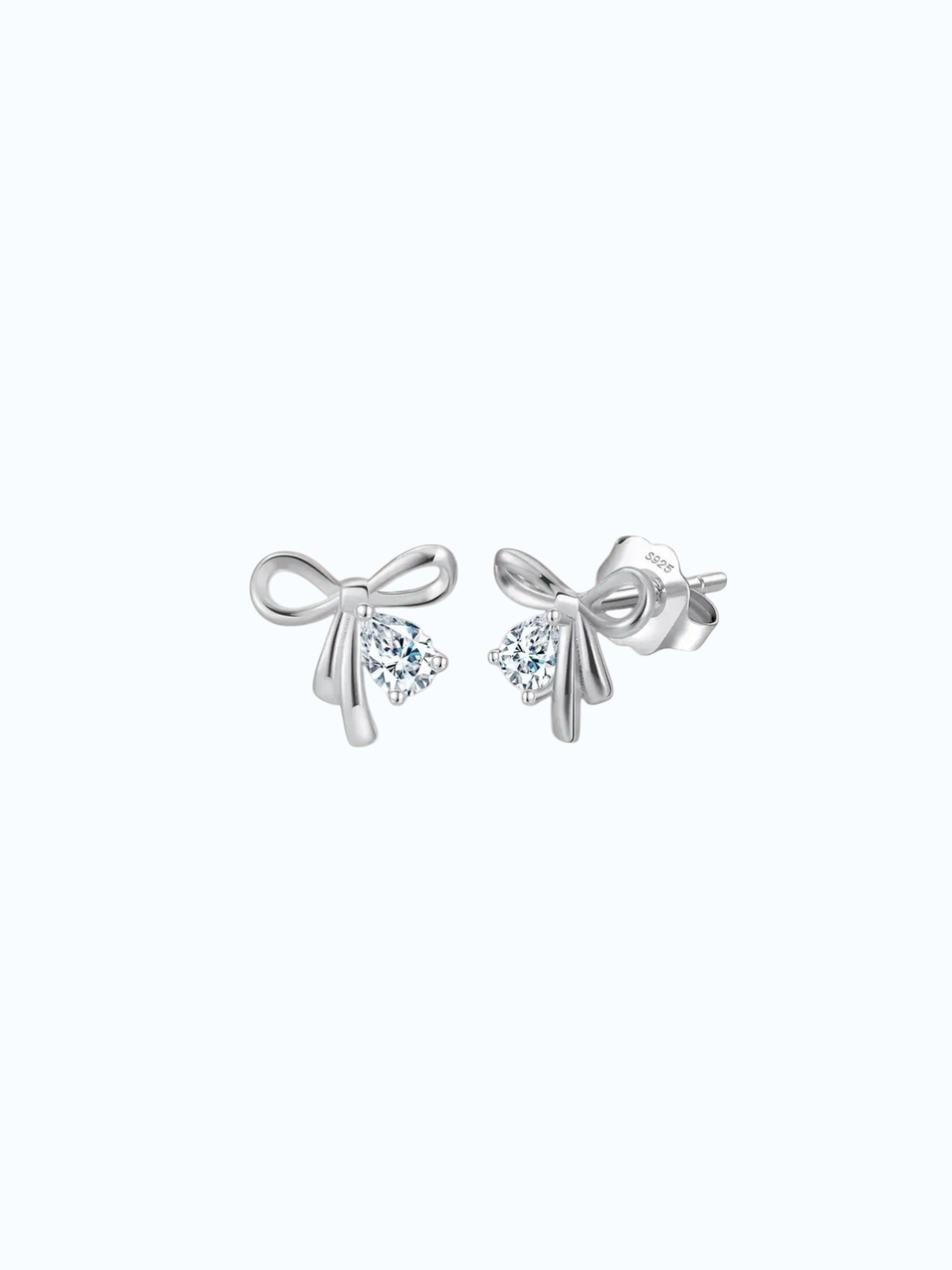 Pearlystones silver bowknot stud earrings with clear cubic zirconia.