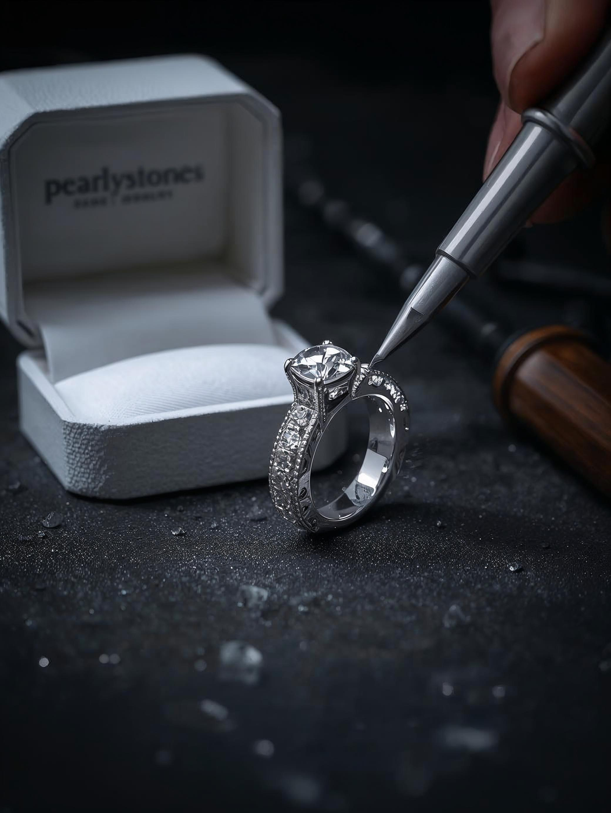 Silver ring with a diamond on a dark surface next to a jewelry box with 'pearlstones' branding.