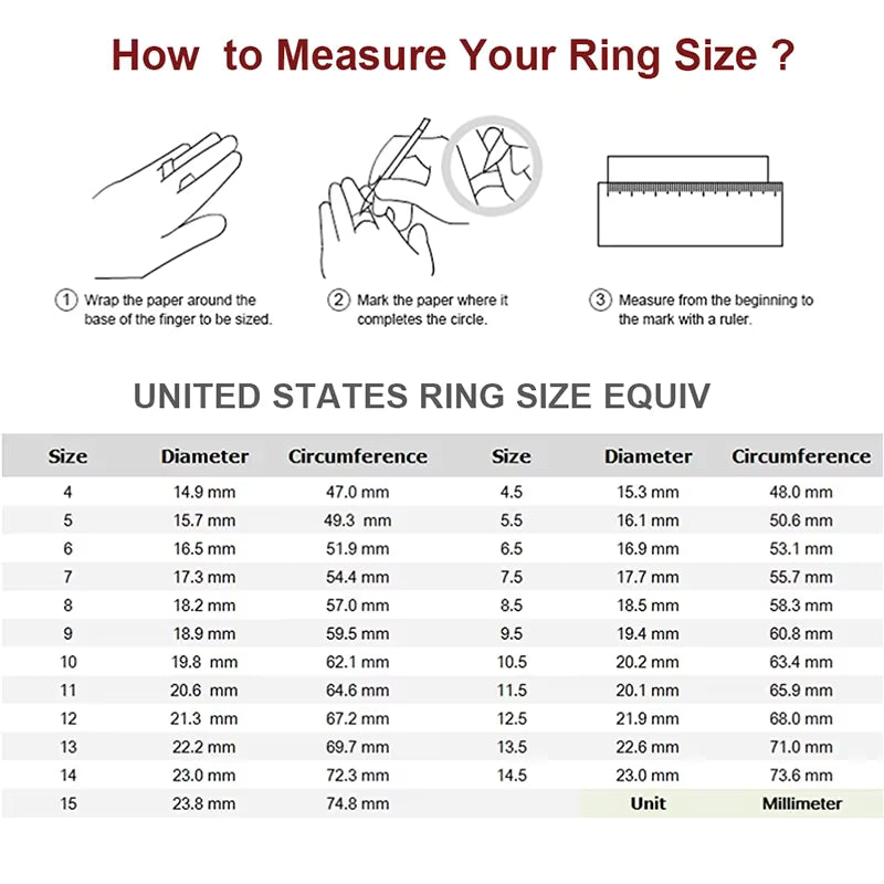 Instructions on how to measure ring size with illustrations and a table of measurements.