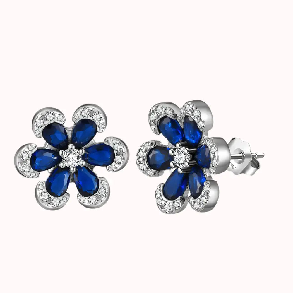 Blue Sapphire Flower Stud Earrings