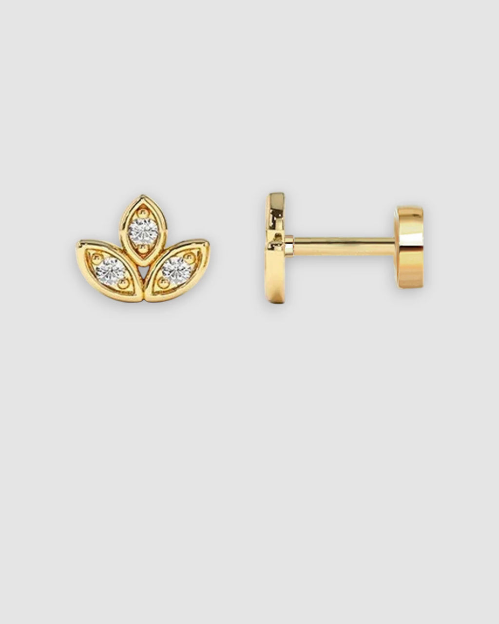Single Piece Three leaf Flat Back Cartilage Stud in Gold with sparkling details for stylish ear jewelry.