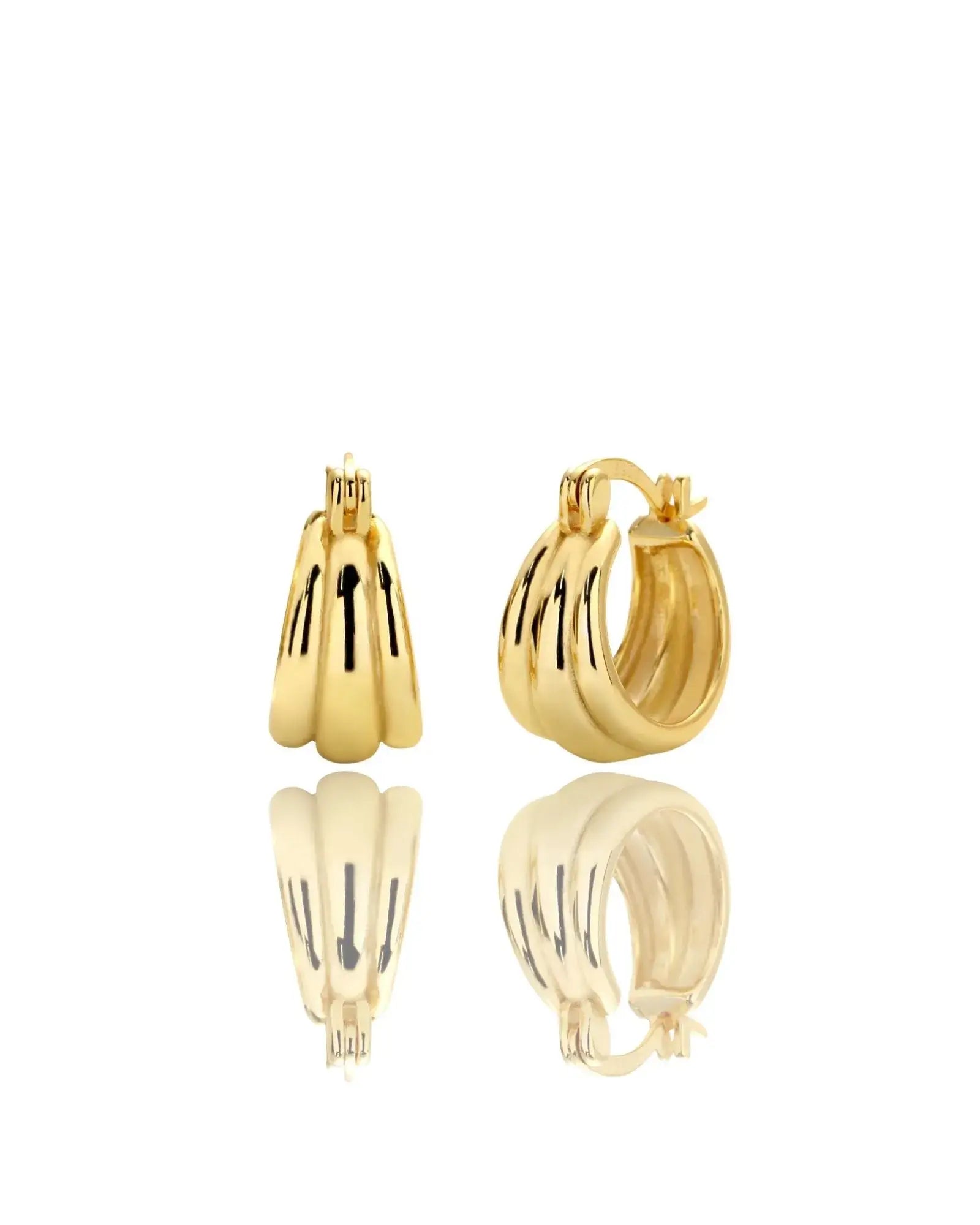 Aura Curve Hoop Earrings in gold, featuring a sculptural design with wave-like curves and high polish finish.