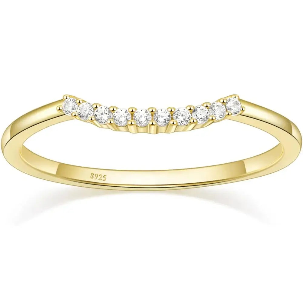 Aurum Arc Ring featuring a curved design and sparkling cubic zirconia in gold-plated 925 sterling silver, perfect for stylish elegance.