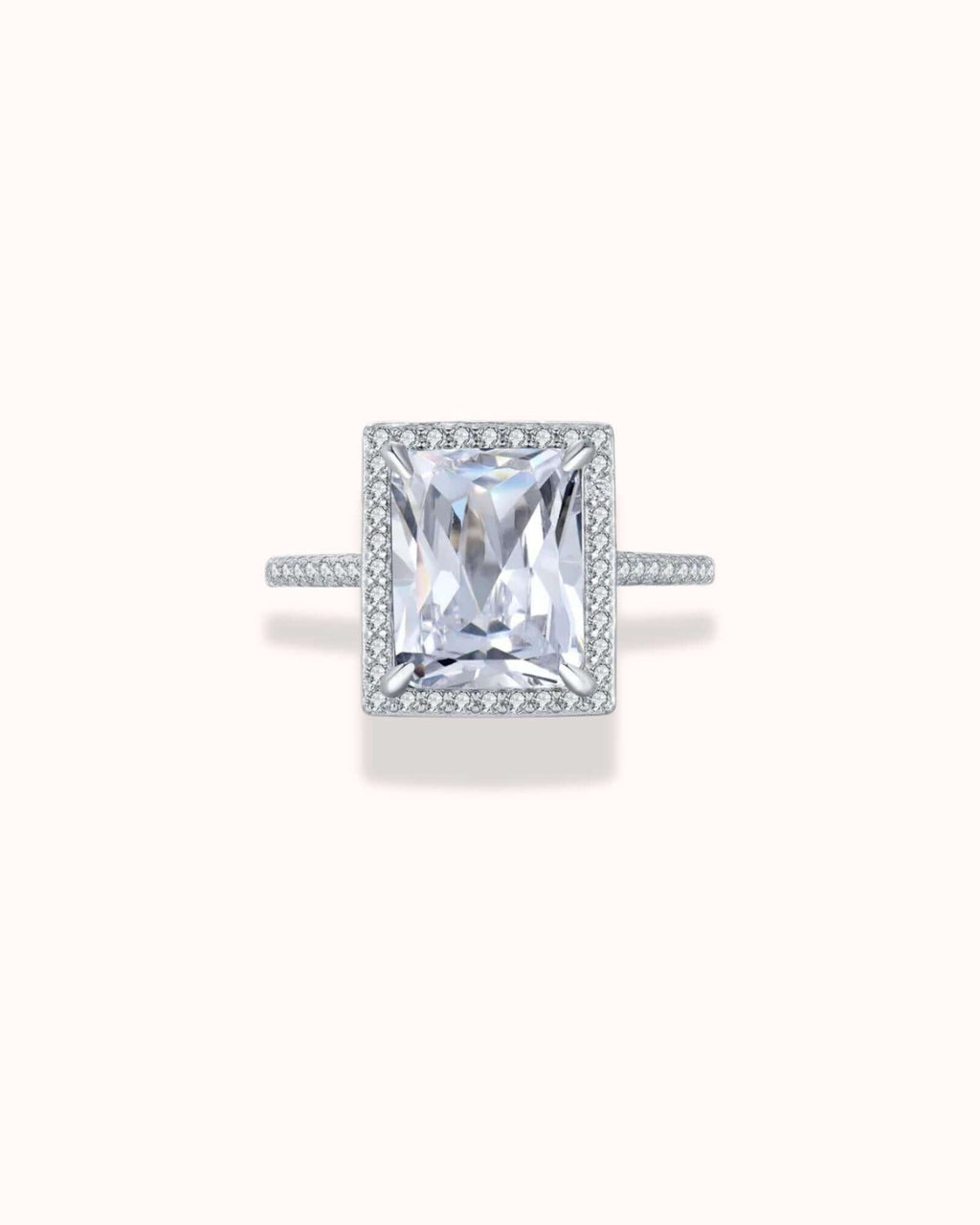 Radiant Cut Zirconia Ring in sterling silver with colorless gemstone, featuring elegant Rhodium plating for lasting shine.