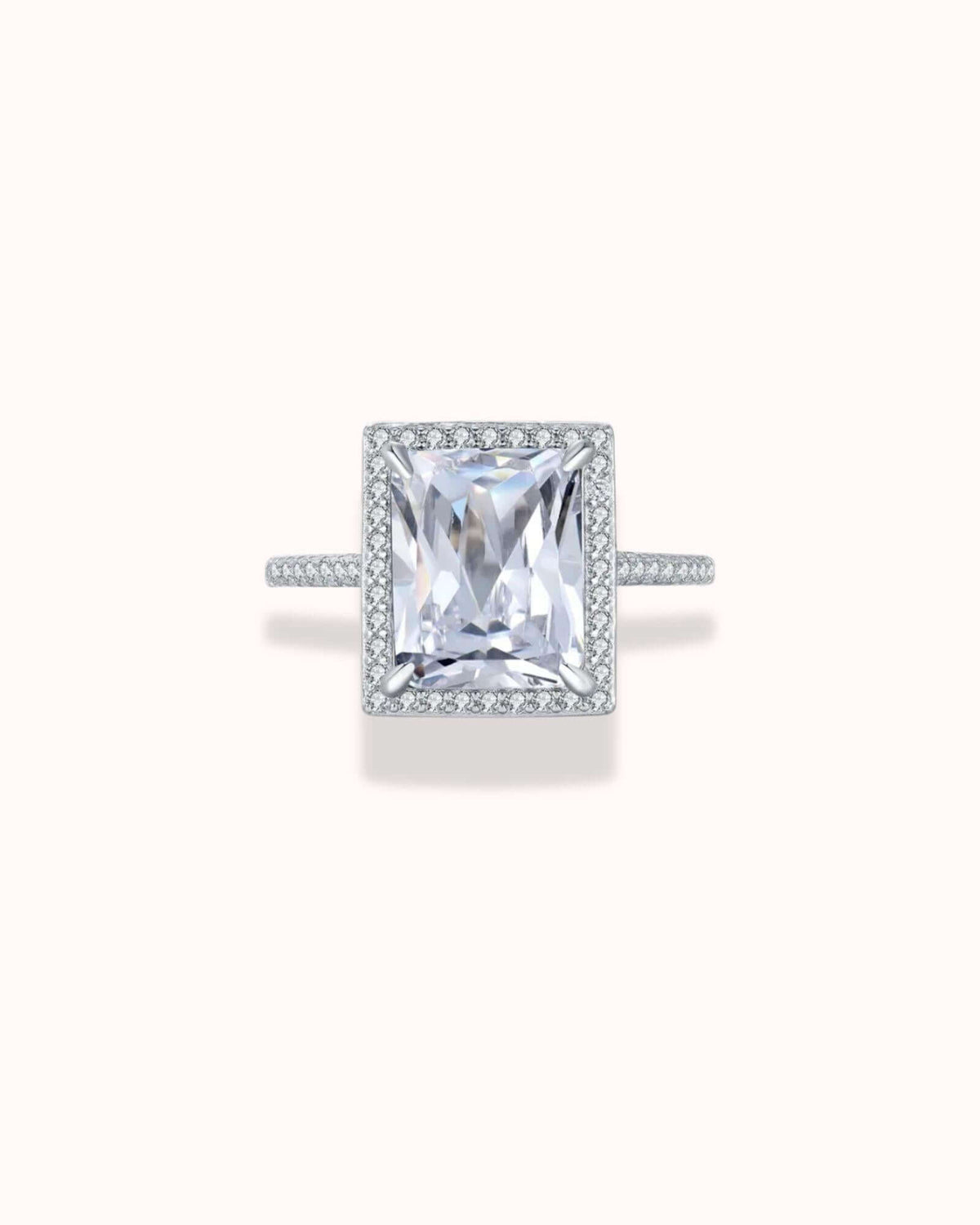 Radiant Cut Zirconia Ring in sterling silver with colorless gemstone, featuring elegant Rhodium plating for lasting shine.