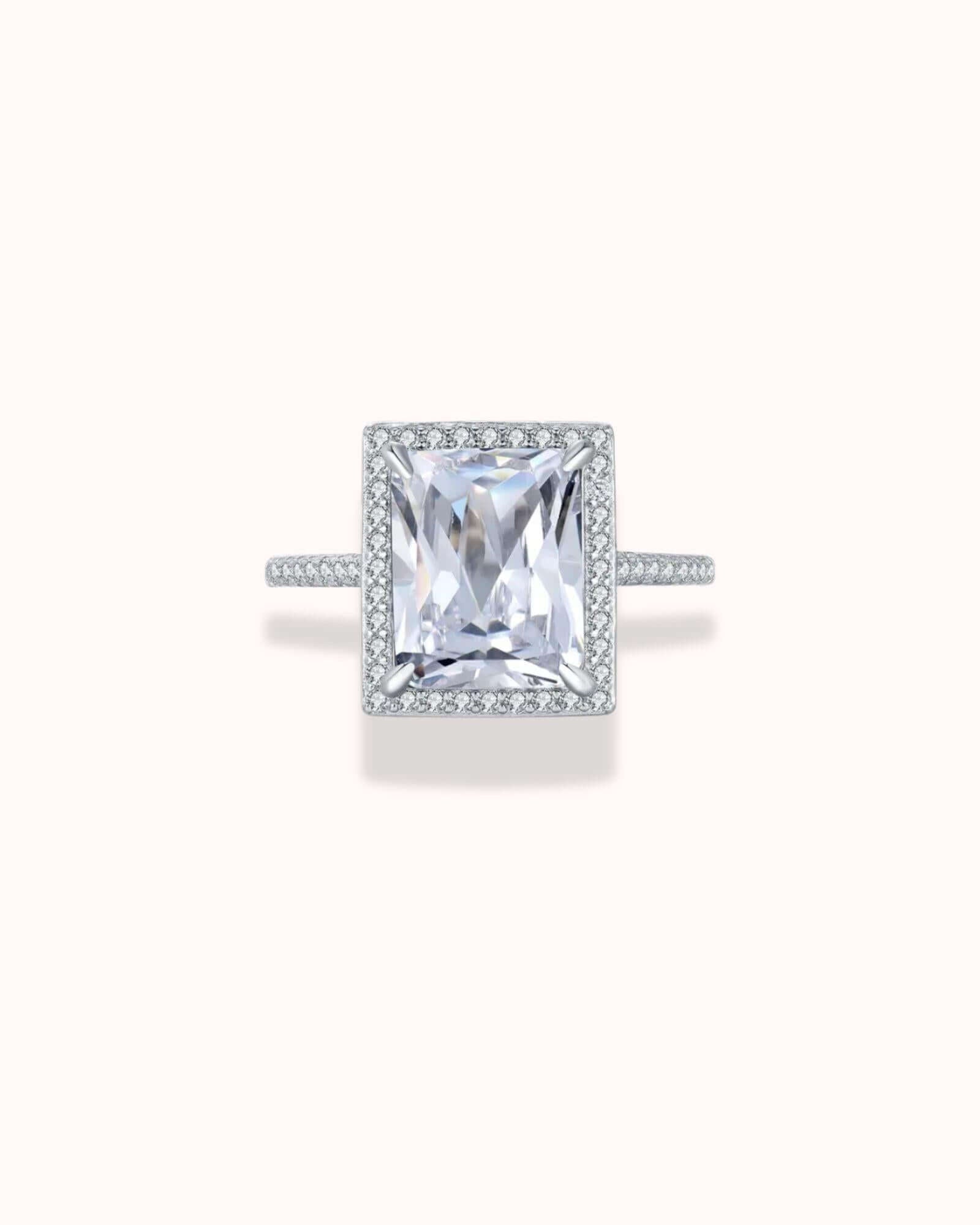 Radiant Cut Zirconia Ring in sterling silver with colorless gemstone, featuring elegant Rhodium plating for lasting shine.