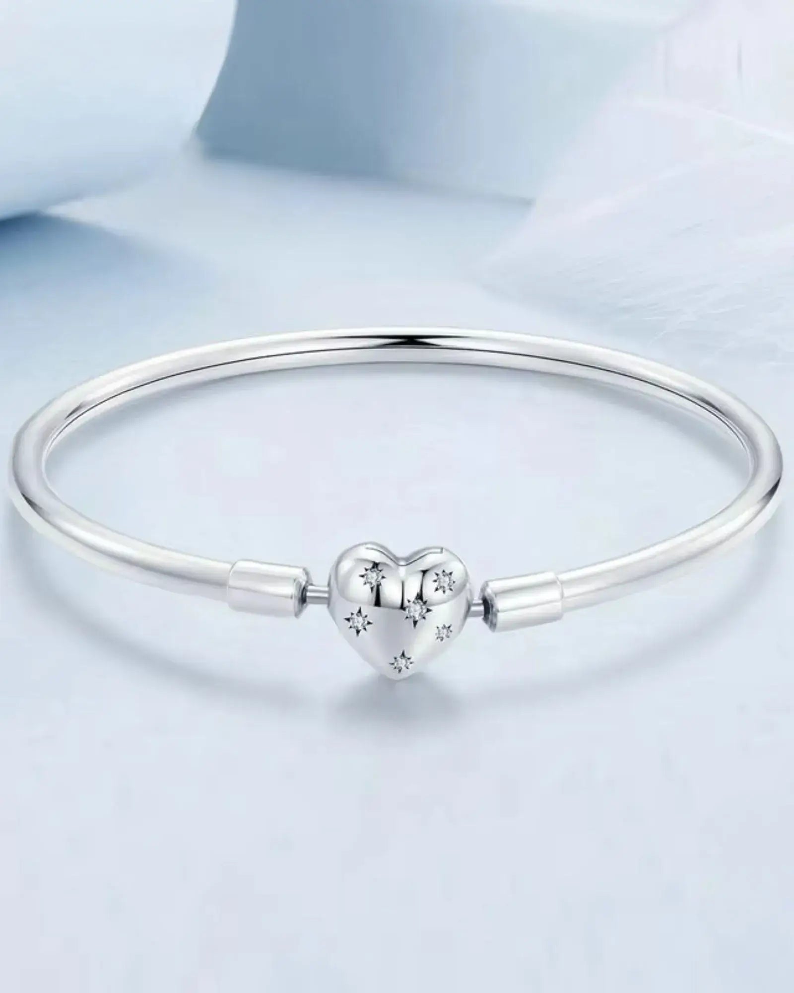 Elegant Deep Love Bangle Bracelet in 925 Sterling silver with heart charm, designed for stacking or solo wear.