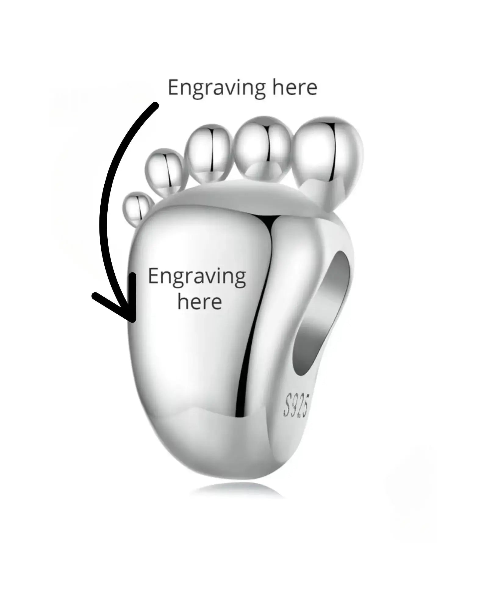 Engravable baby feet charm in 925 sterling silver, ideal for personalized jewelry accents and meaningful engravings.