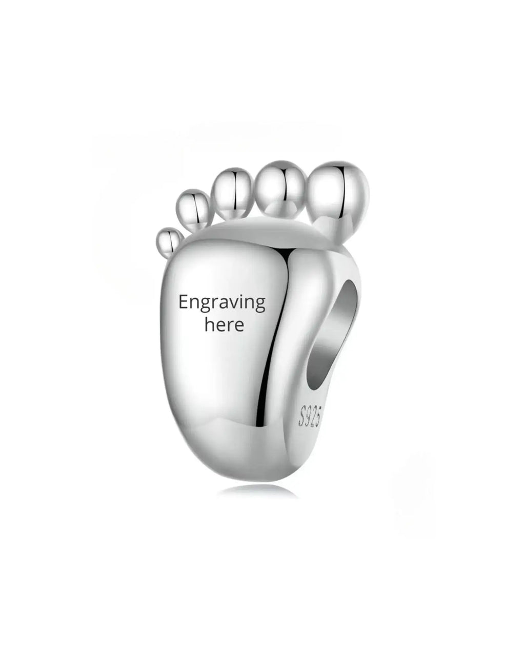 Engravable baby feet charm in 925 sterling silver for personalized jewelry collection.