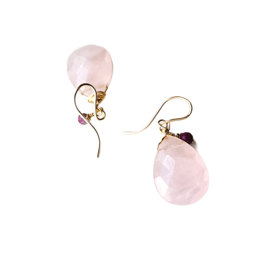 Gold filled natural Rose quartz and genuine ruby earring.