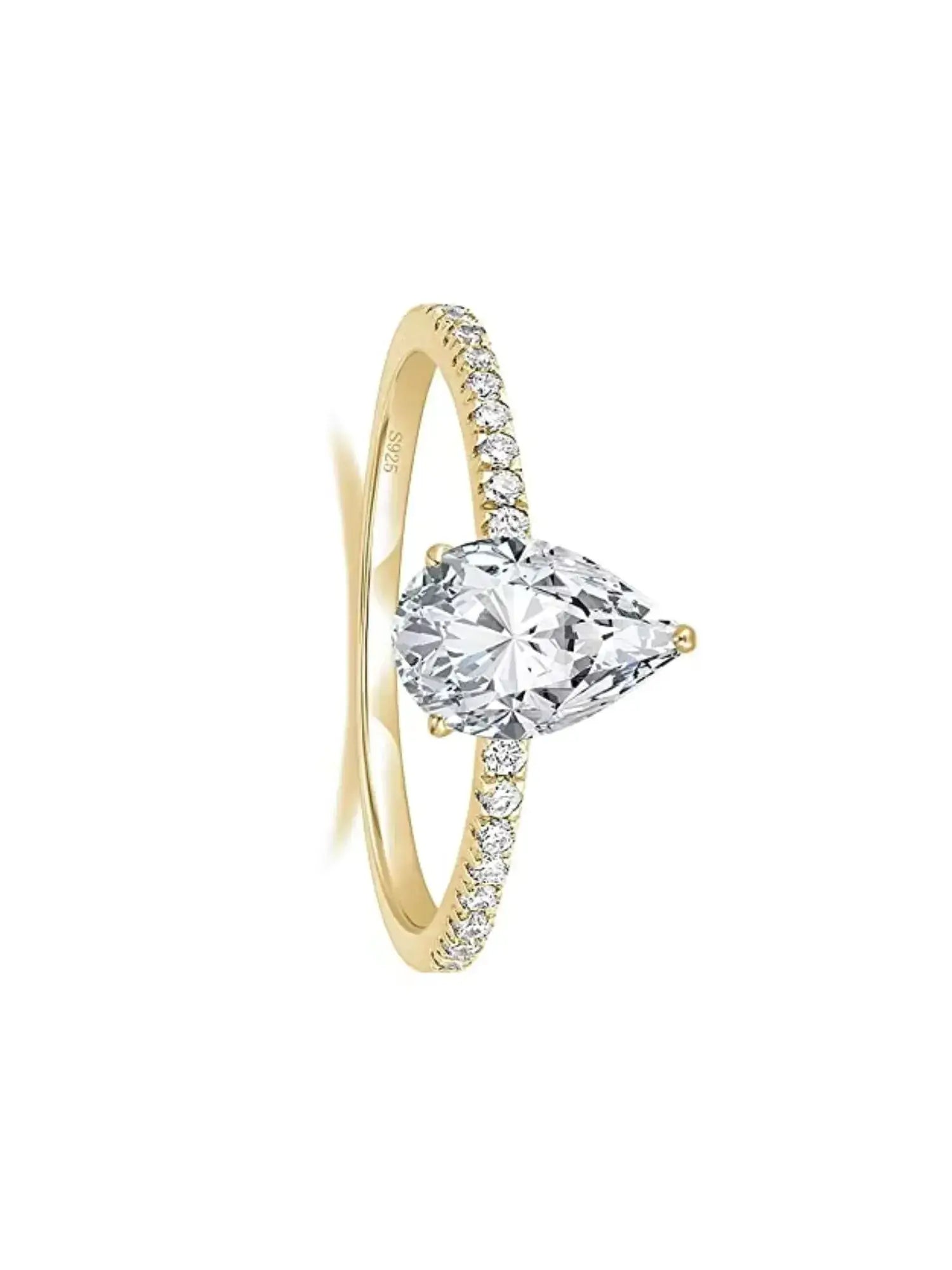 Golden Promise Engagement Ring with water drop cubic zirconia in 925 sterling silver, showcasing elegance and brilliance.