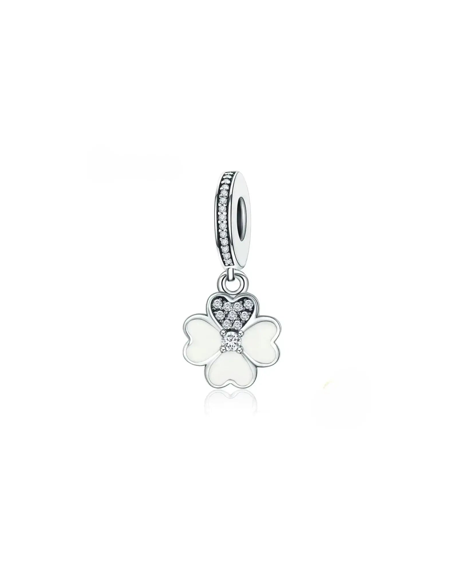 Heart Petals Clover Dangle Charm in 925 Sterling Silver with platinum plating, featuring a unique clover design and sparkling details.