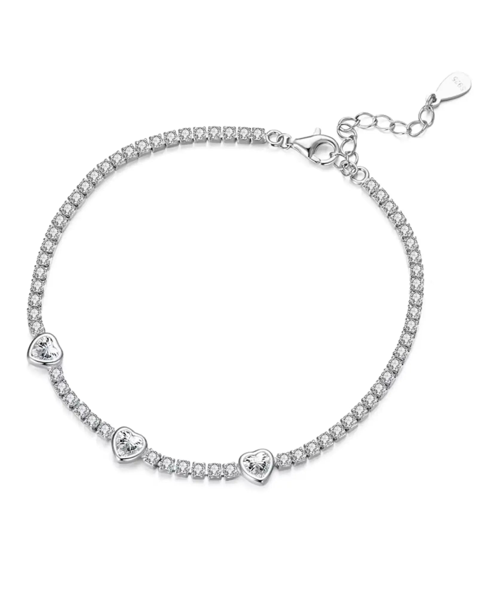 Heart tennis bracelet in 925 sterling silver with white gold plating and cubic zirconia, perfect for romantic occasions.