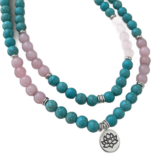 Turquoise and Rose Quartz Long Necklace with Silver Lotus Pendant.