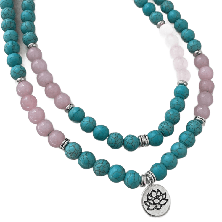 Turquoise, Rose quartz Long Necklace with silver Lotus Pendant, Unique gift for your grandparents, Healing energy natural gemstone necklace.