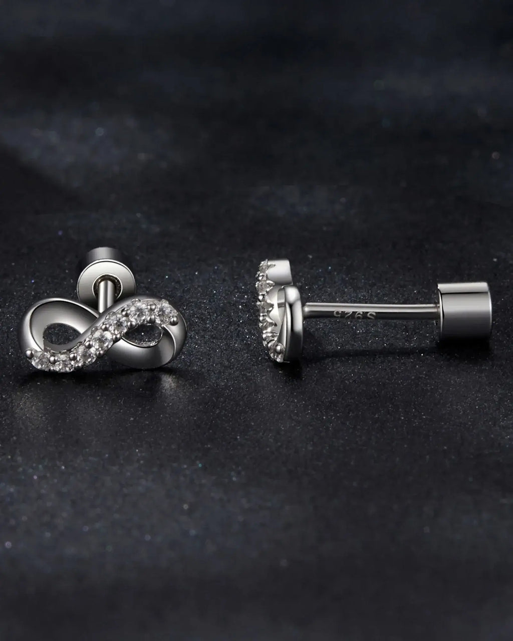 Sophisticated infinity ear studs in 925 sterling silver, featuring moissanite inlay and secure screw back design.