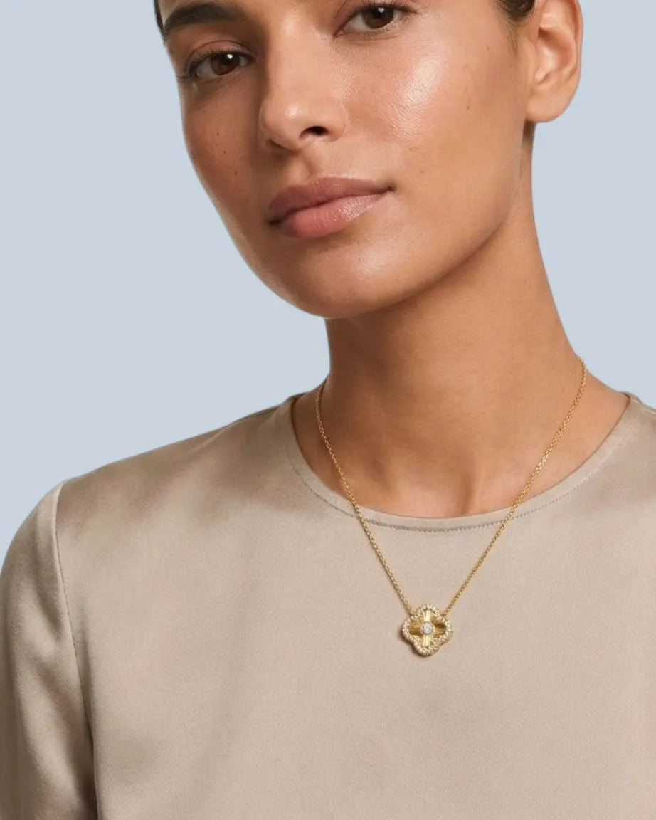 Laser Clover Pendant Necklace with Pavé  Zircon