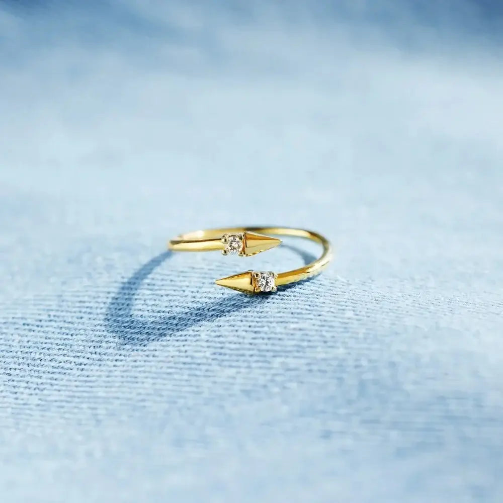 Open Arrow Ring in gold featuring cubic zirconia, crafted from 925 sterling silver, perfect for stacking.