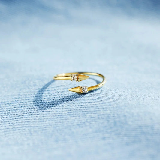 Open Arrow Ring in gold featuring cubic zirconia, crafted from 925 sterling silver, perfect for stacking.
