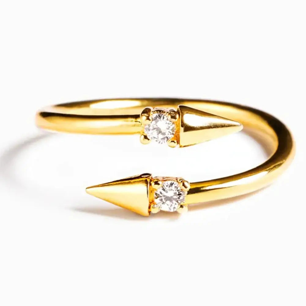 Open Arrow Ring in gold, crafted from 925 sterling silver with cubic zirconia stones, trendy and stackable design.