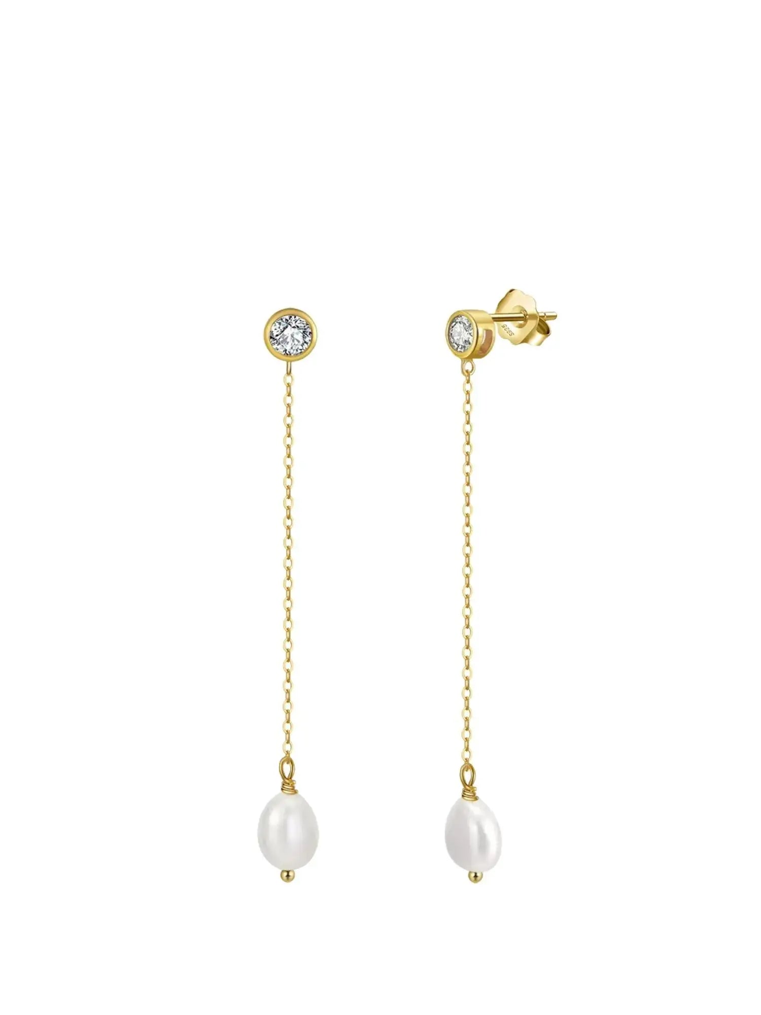 Elegant gold drop earrings featuring pearl and zirconia embellishments, perfect for formal and casual occasions.
