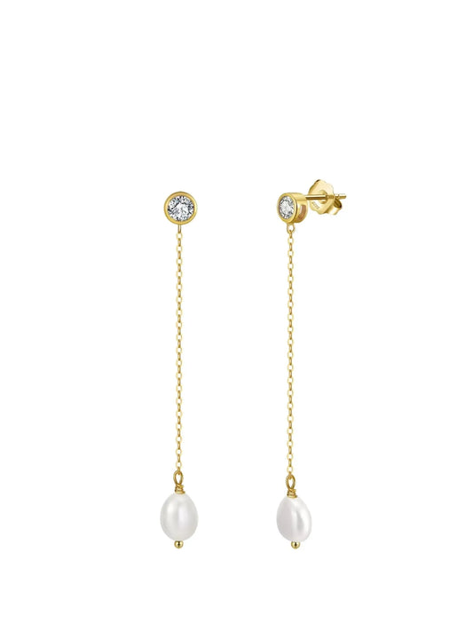 Elegant gold drop earrings featuring pearl and zirconia embellishments, perfect for formal and casual occasions.