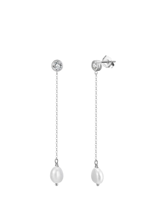Pearl Zirconia drop earrings in silver featuring classic pearls and modern design for elegant occasions.