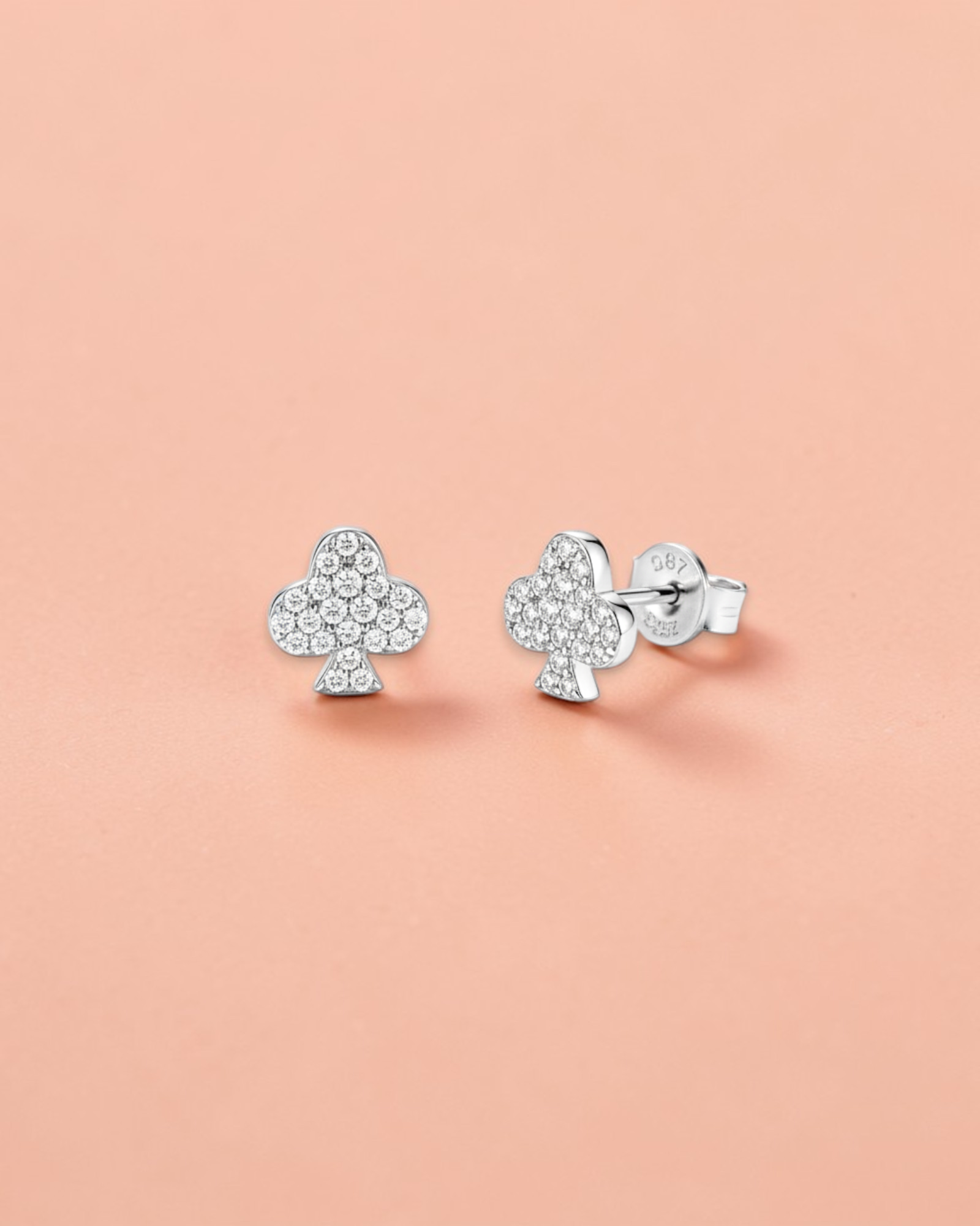 Pearlystones sterling silver 0.2 Ct Moissanite Clover leaf stud earrings with moissanite stones and rhodium plating.