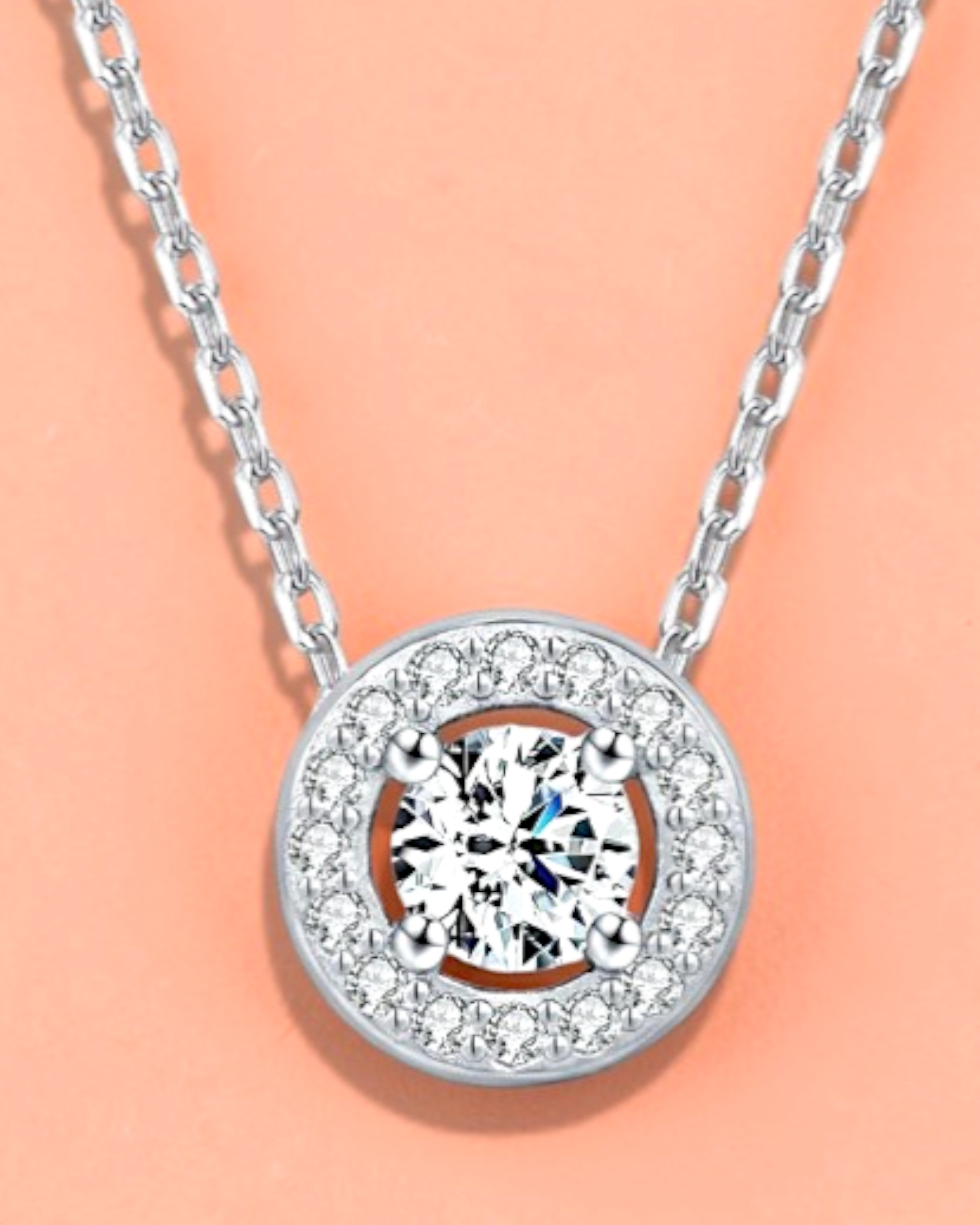0.5 Ct Round brilliant Cut moissanite necklace in 925 sterling silver with rhodium plating and sparkling brilliance.