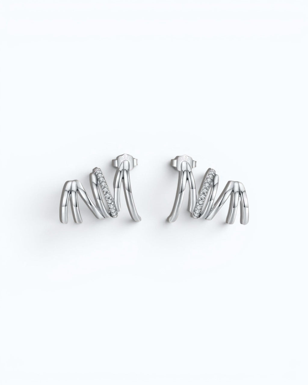 Pearlstones Zircon Line Ear Studs, 925 sterling silver with white gold plating, featuring a unique spiral design with sparkling cubic zirconia accents.