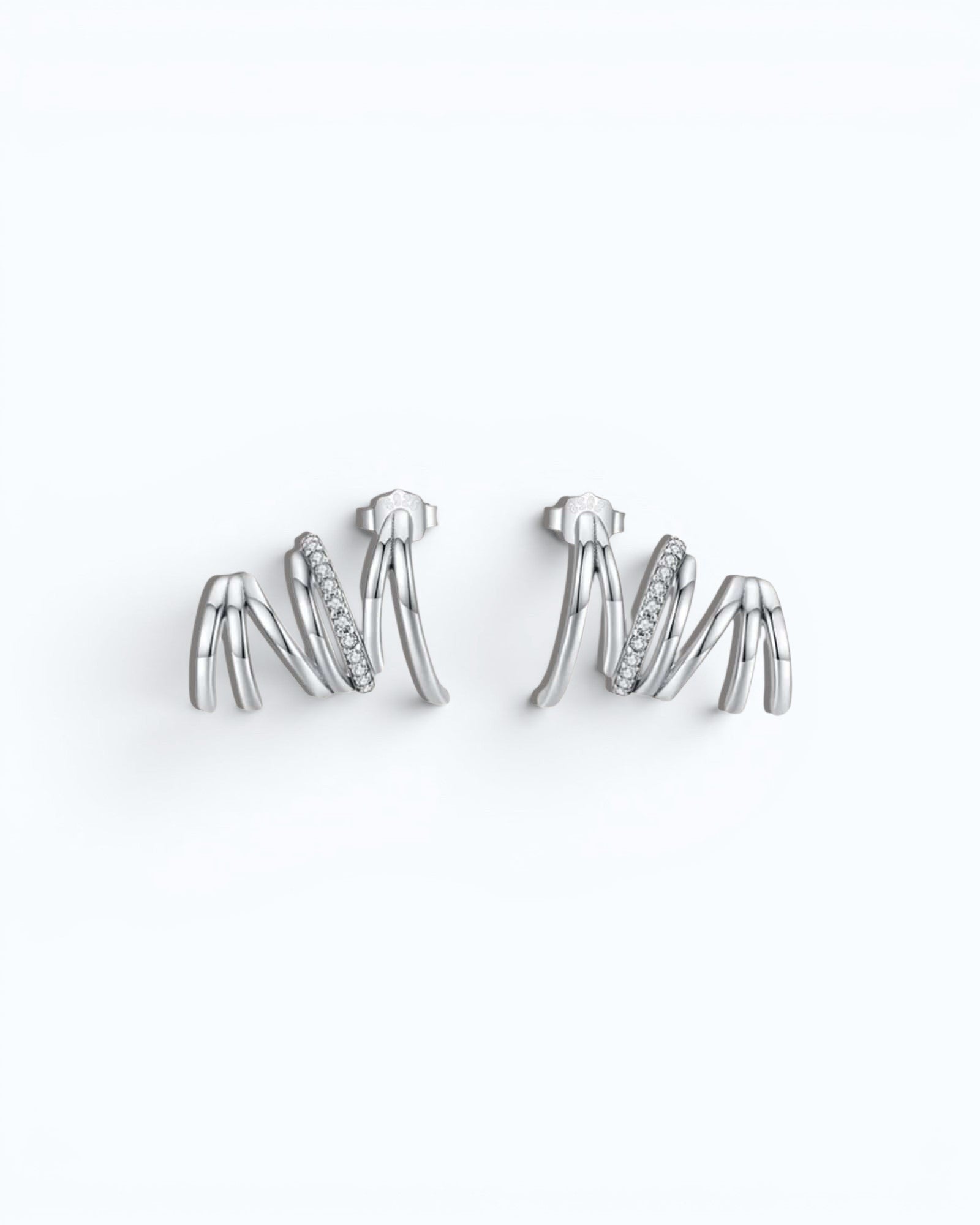 Pearlstones Zircon Line Ear Studs, 925 sterling silver with white gold plating, featuring a unique spiral design with sparkling cubic zirconia accents.