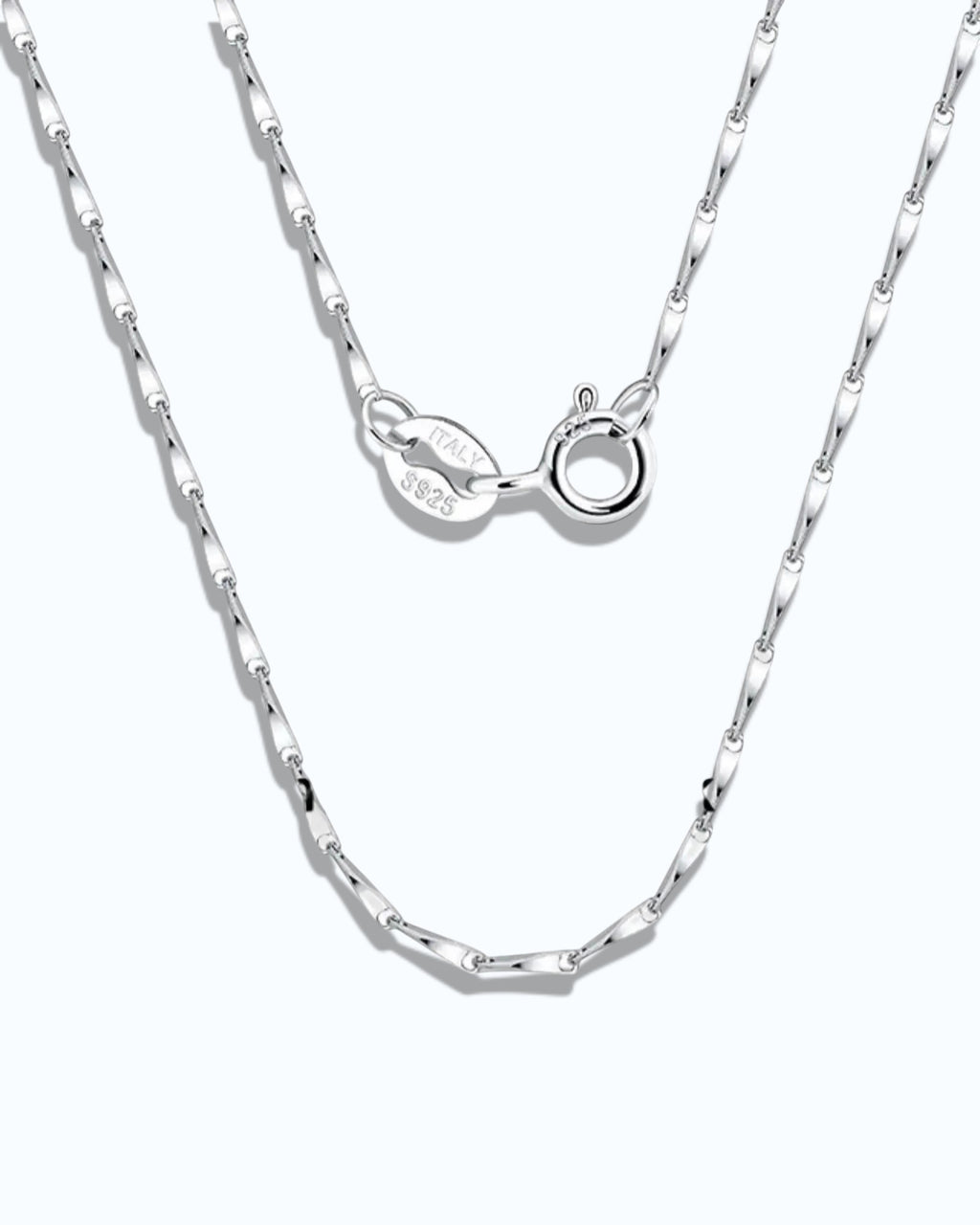 1mm Twisted Dapped Bar Chain showcasing S925 sterling silver with rhodium plating and durable links.