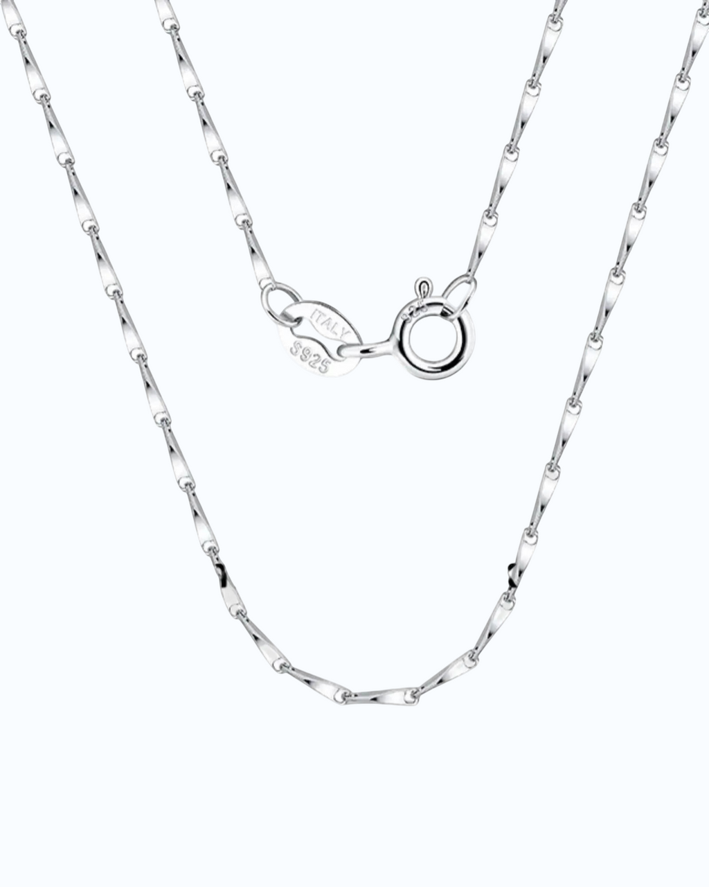 1mm Twisted Dapped Bar Chain showcasing S925 sterling silver with rhodium plating and durable links.