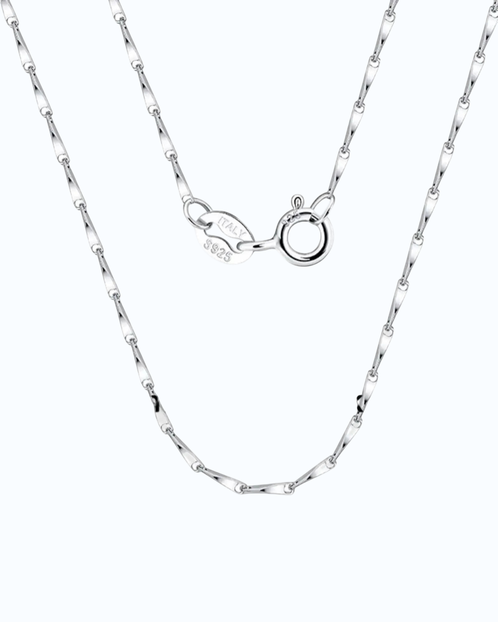 1mm Twisted Dapped Bar Chain showcasing S925 sterling silver with rhodium plating and durable links.