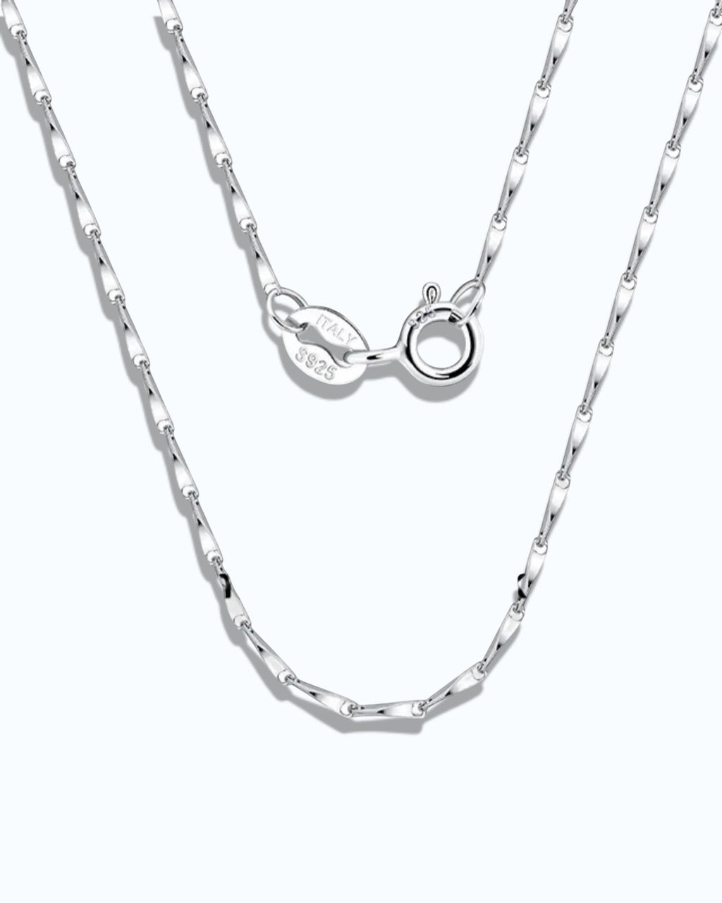 1mm Twisted Dapped Bar Chain showcasing S925 sterling silver with rhodium plating and durable links.