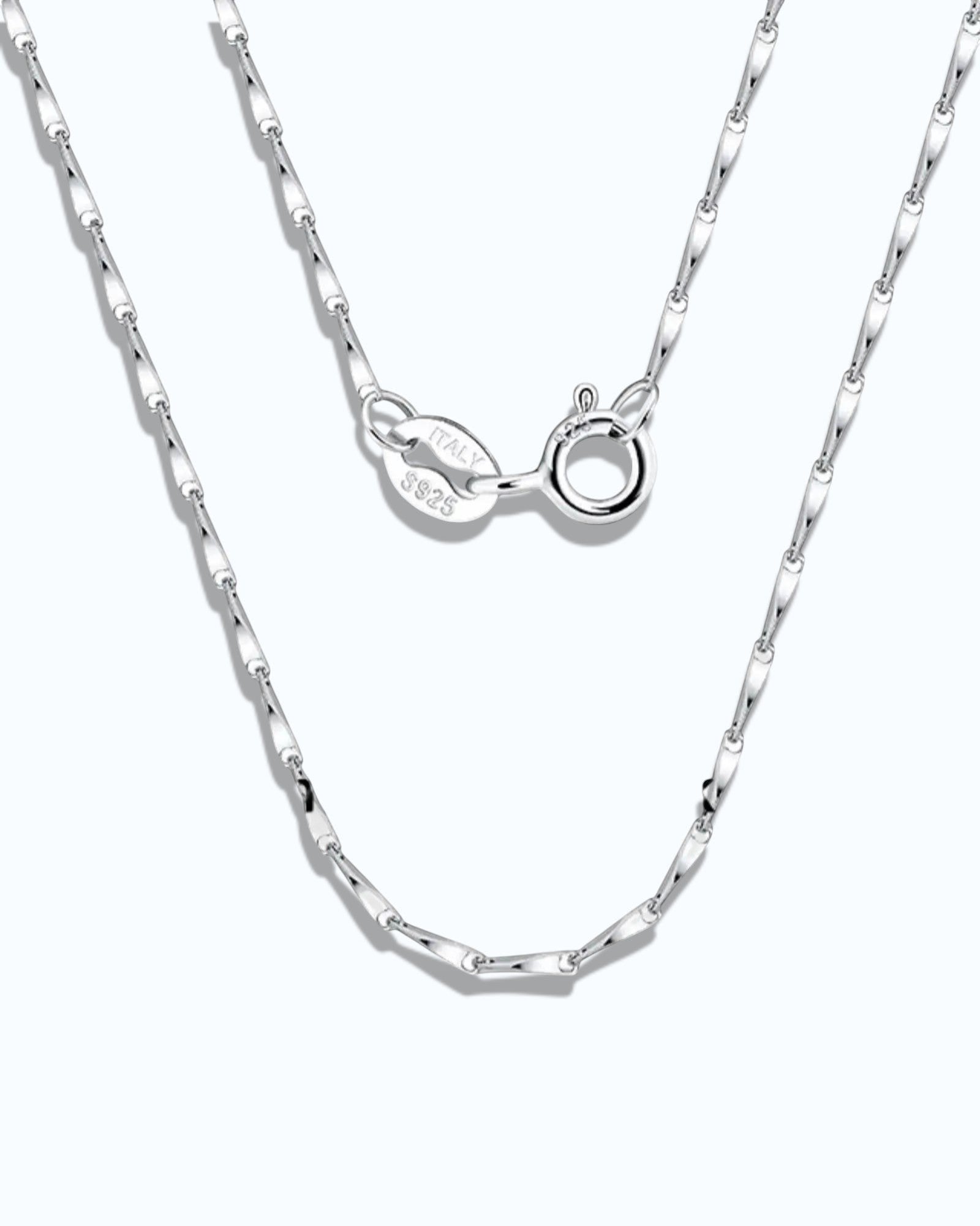 1mm Twisted Dapped Bar Chain showcasing S925 sterling silver with rhodium plating and durable links.