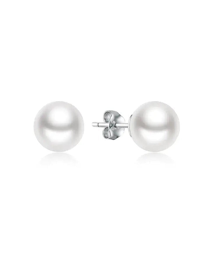 Pearlystones Aluna pearl stud earrings in 925 sterling silver with white gold finish. Classic freshwater pearl design.