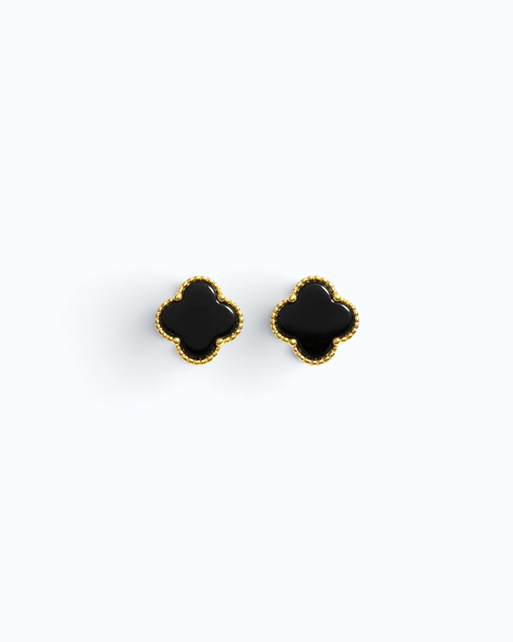 Pearlystones four-leaf clover stud earrings featuring natural black agate set in gold-plated 925 sterling silver.