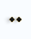 Pearlystones four-leaf clover stud earrings featuring natural black agate set in gold-plated 925 sterling silver.