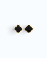 Pearlystones four-leaf clover stud earrings featuring natural black agate set in gold-plated 925 sterling silver.