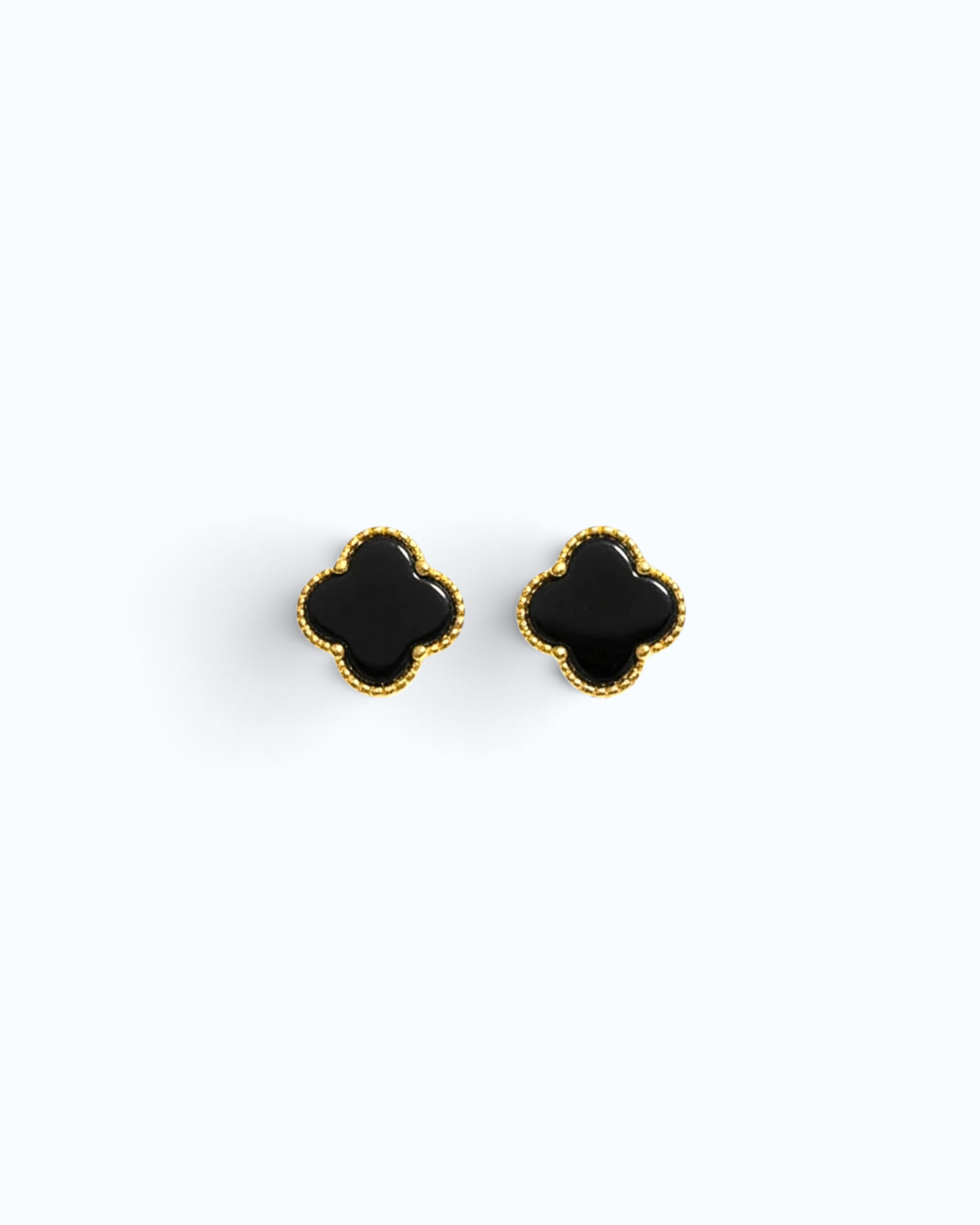 Pearlystones four-leaf clover stud earrings featuring natural black agate set in gold-plated 925 sterling silver.