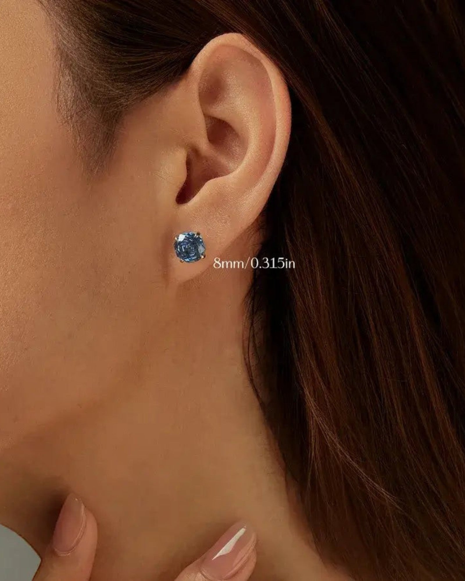 Pearlystones Octagonal rose cut tanzanite blue zircon stud earring in rhodium-plated sterling silver, 8mm.