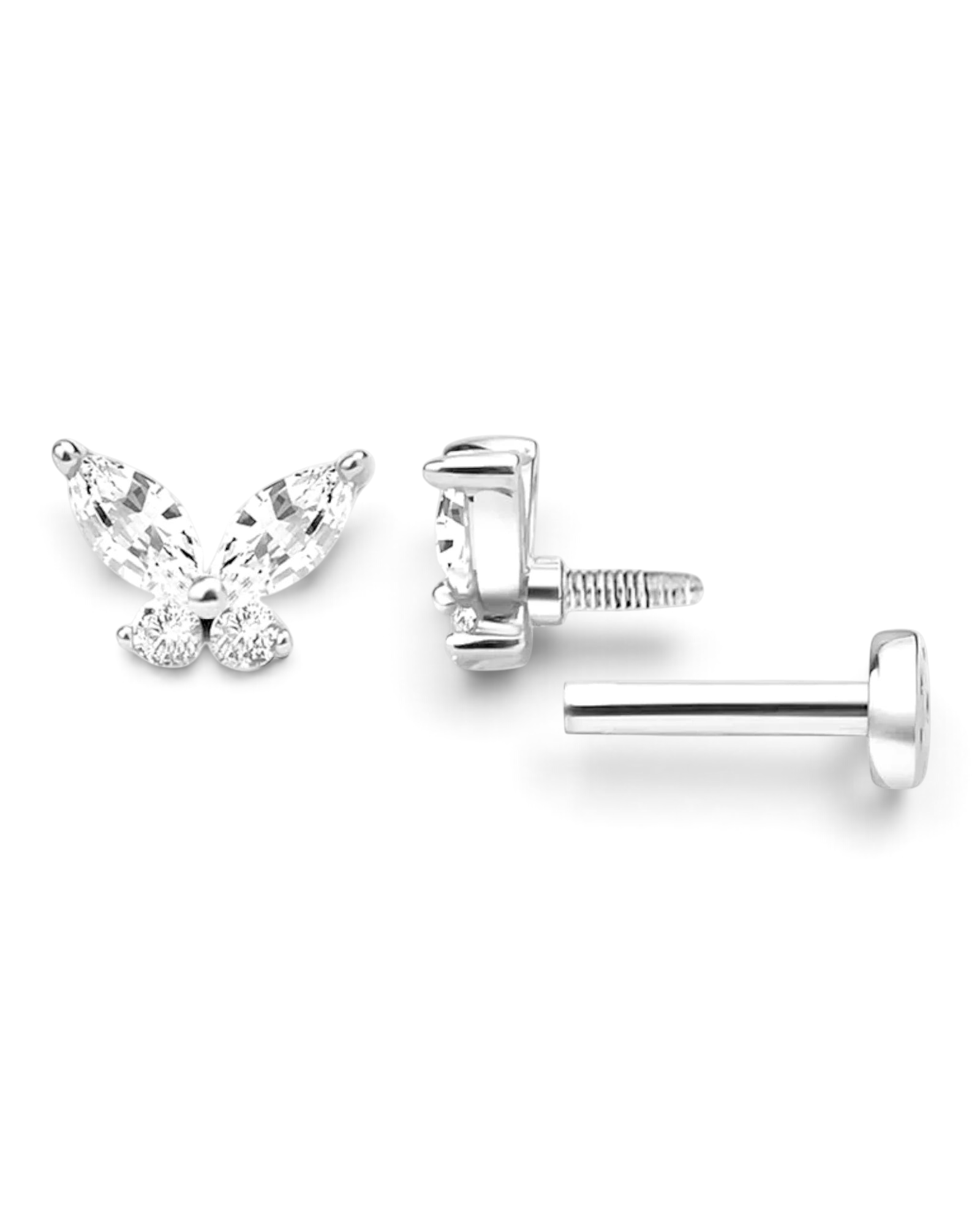Pearlystones butterfly cartilage stud in sterling silver with sparkling zircon stones and a comfortable flat back.