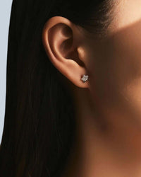 Close-up of an ear wearing a diamond earring with a blurred background