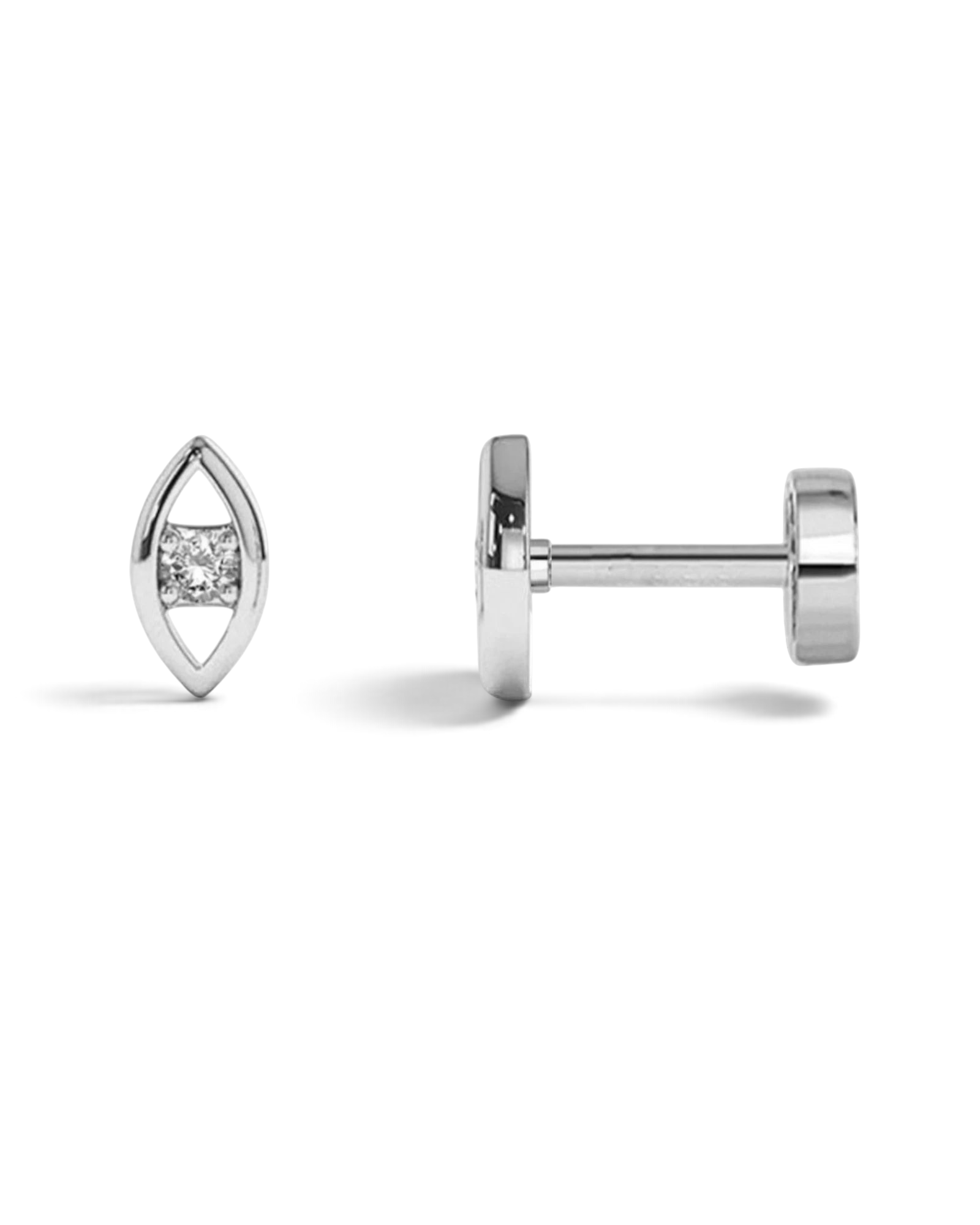 Pearlystones evil eye cartilage stud in sterling silver with a sparkling cubic zirconia and comfortable flat back.