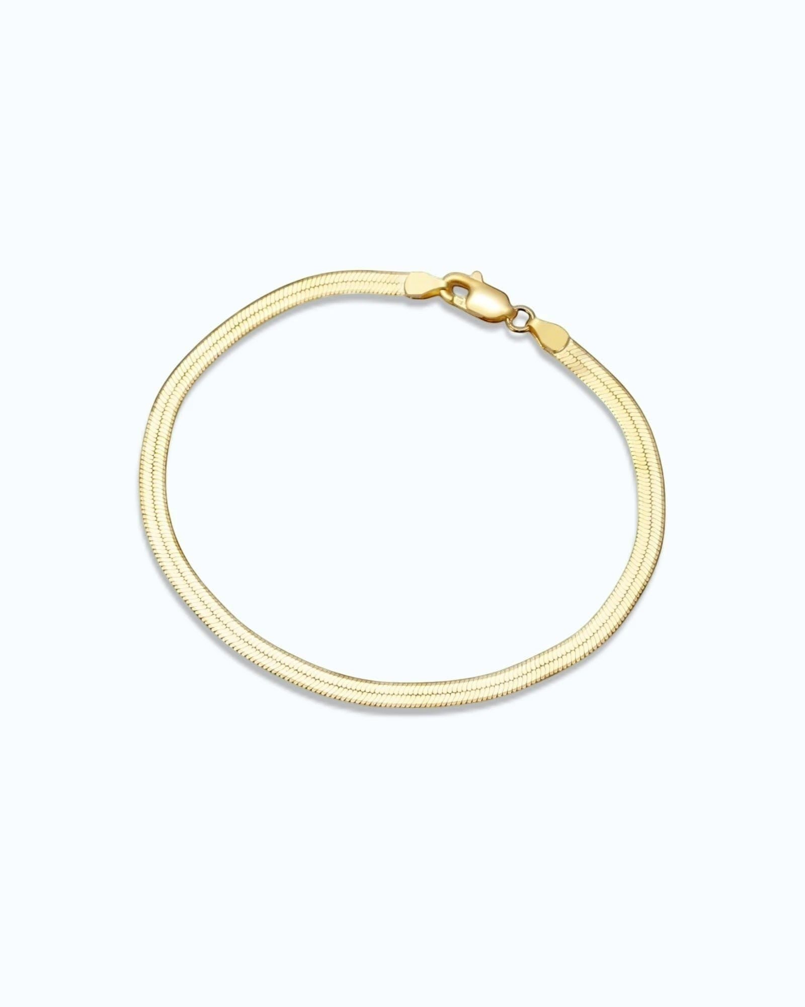 Pearlystones 3mm flat snake chain bracelet in gold, a sleek and elegant accessory for women.