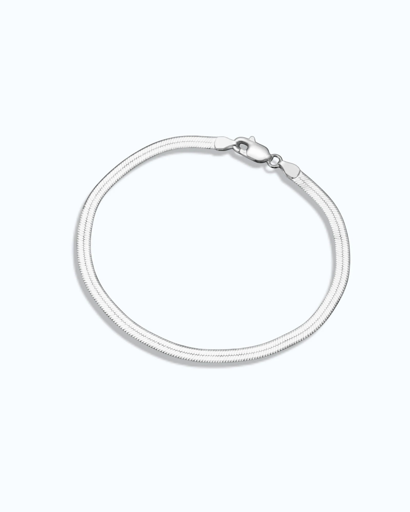 Pearlystones 3mm flat snake chain bracelet in silver, a sleek and elegant accessory for everyday wear.