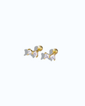 Pearlystones gold bow stud earrings with cubic zirconia and ball screw back.