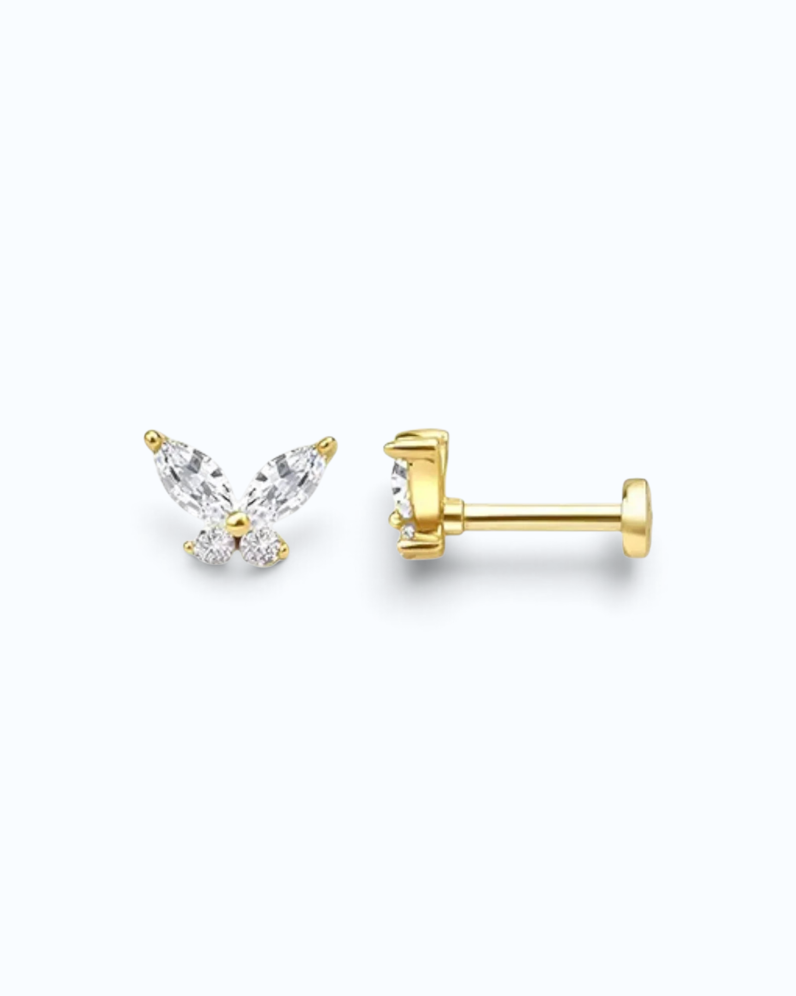 Pearlystones butterfly cartilage stud in 18k gold plated sterling silver with sparkling zircon stones and flat back