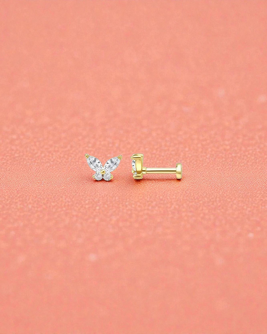 Pearlystones butterfly cartilage stud in 18k gold plated sterling silver with sparkling zircon stones and flat back